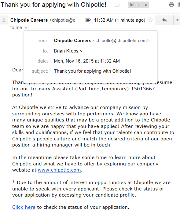 Une lettre de confirmation de Chipotle Careers, qui a utilisé pendant au moins plusieurs mois l'adresse de réponse chipotlehr.com, un domaine que l'entreprise ne possédait pas.