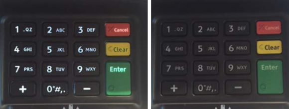 Le rétroéclairage peut être mieux vu en ombrageant le clavier des lumières de la pièce.  L'image de gauche est un ISC250 légitime sous tension affiché avec le clavier ombré.  Le rétroéclairage peut être vu par rapport à un ISC250 éteint sur l'image de droite.  Source : Ingenico.