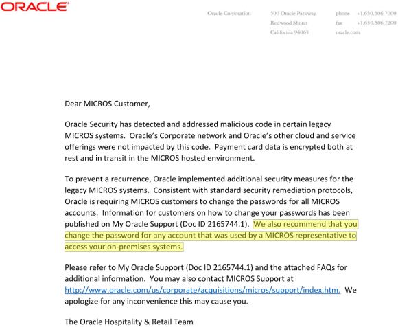 One of two documents Oracle sent to MICROS customers and the sum total of information the company has released so far about the breach.