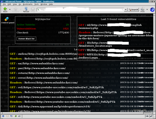 Sites parcourus par des PC piratés (à gauche) et failles d'injection SQL trouvées par le botnet (masqué, à droite)
